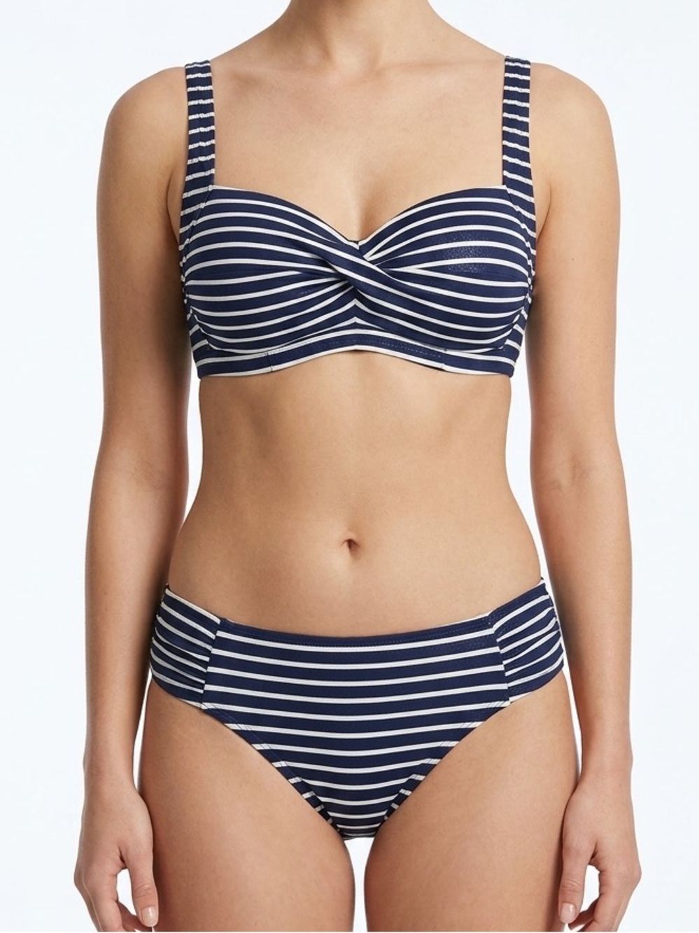 Nip Tuck Ahoy Foil Nautical Print  Navy/White Stripe Twisted Front Bikini 10